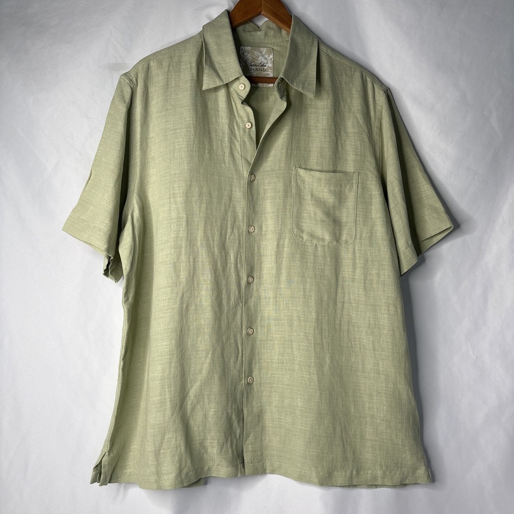 Tasso Elba Island‎ Silk Linen Men's L Green Button Front Short Sleeve Shirt